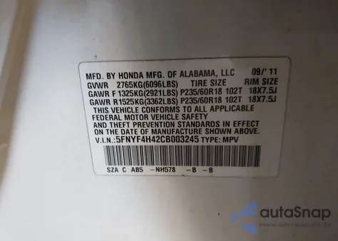 2012 Honda Pilot Ex from USA, damaged, VIN 5FNYF4H42CB003245
